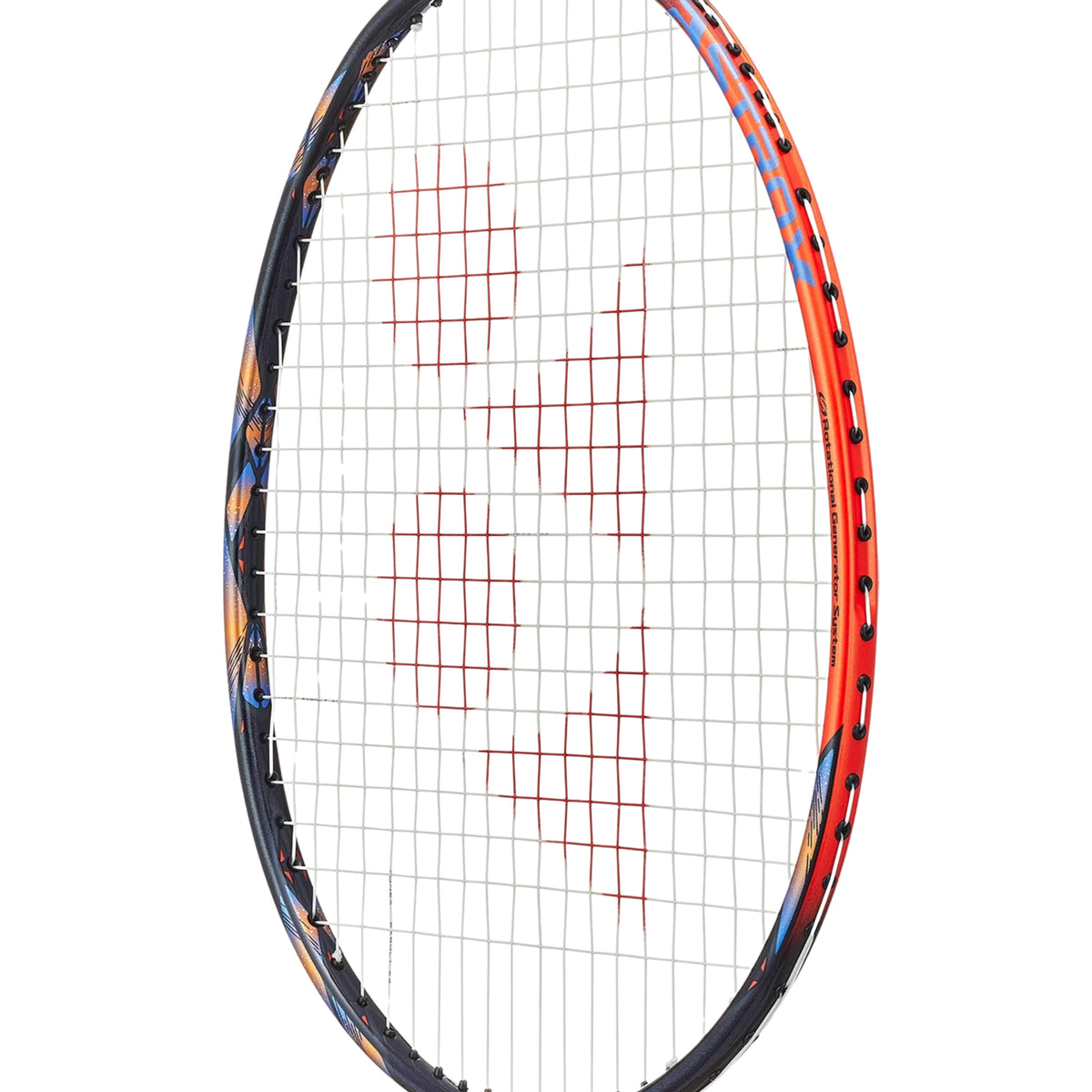 Close-up of a badminton racket with a white background
