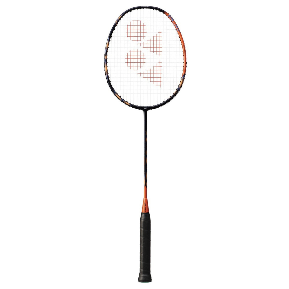 Black and orange badminton racket on a white background