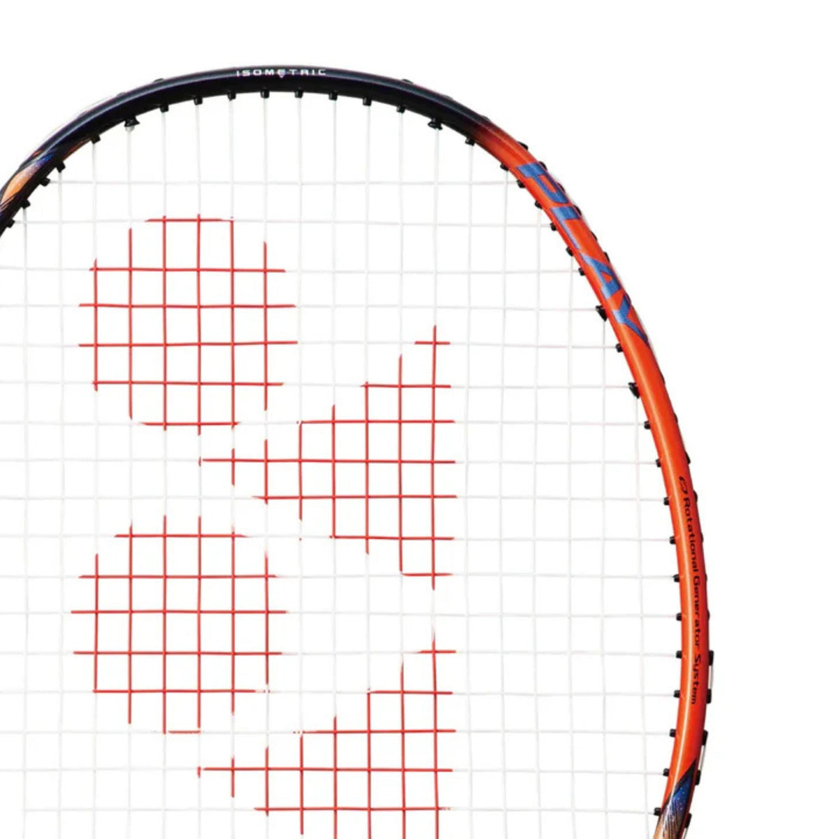 Close-up of a badminton racket with a brand logo on a white background