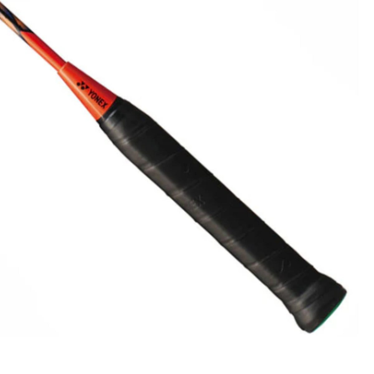 Close-up of a badminton racket handle with black and red design on a white background