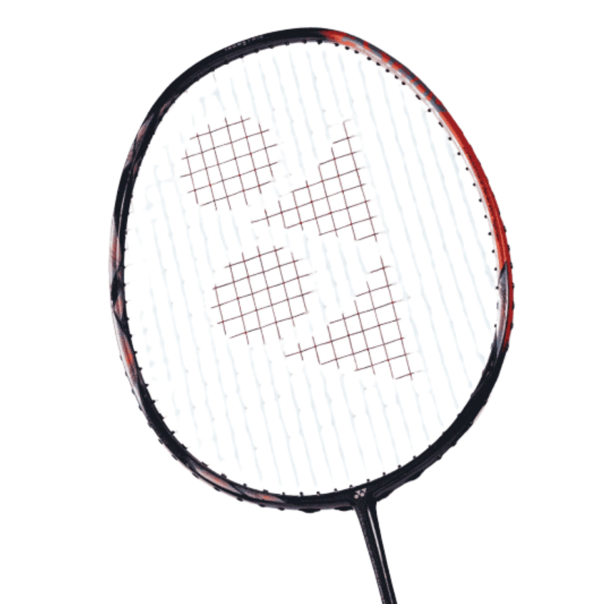 Badminton racket with a black and red frame on a white background