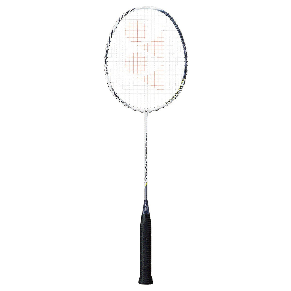 Badminton racket with a white and black design on a white background
