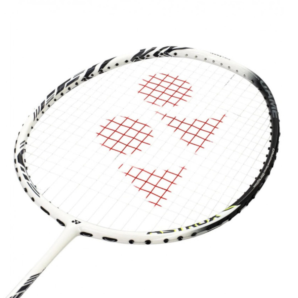 Badminton racket with a white frame and black and red strings on a white background