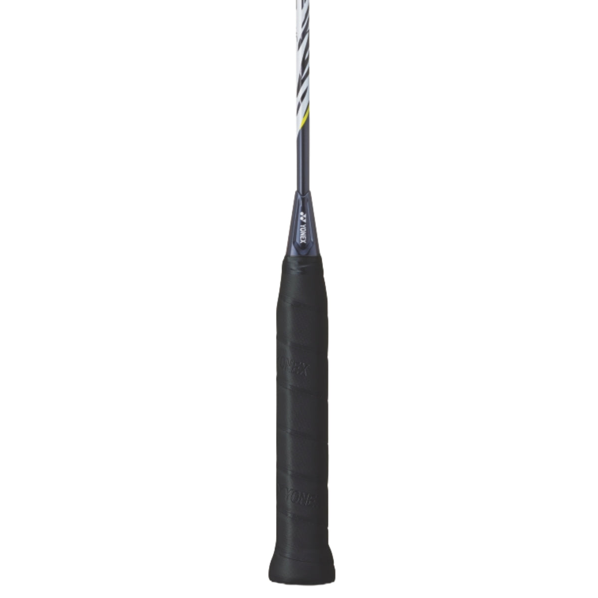 Black badminton racket handle on a white background