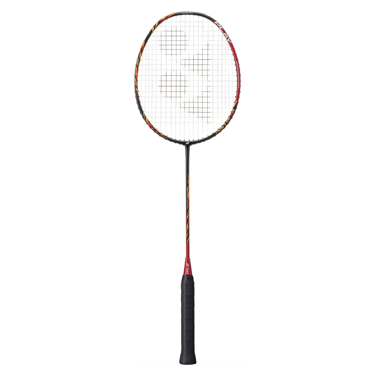 Badminton racket with red and black design on a white background