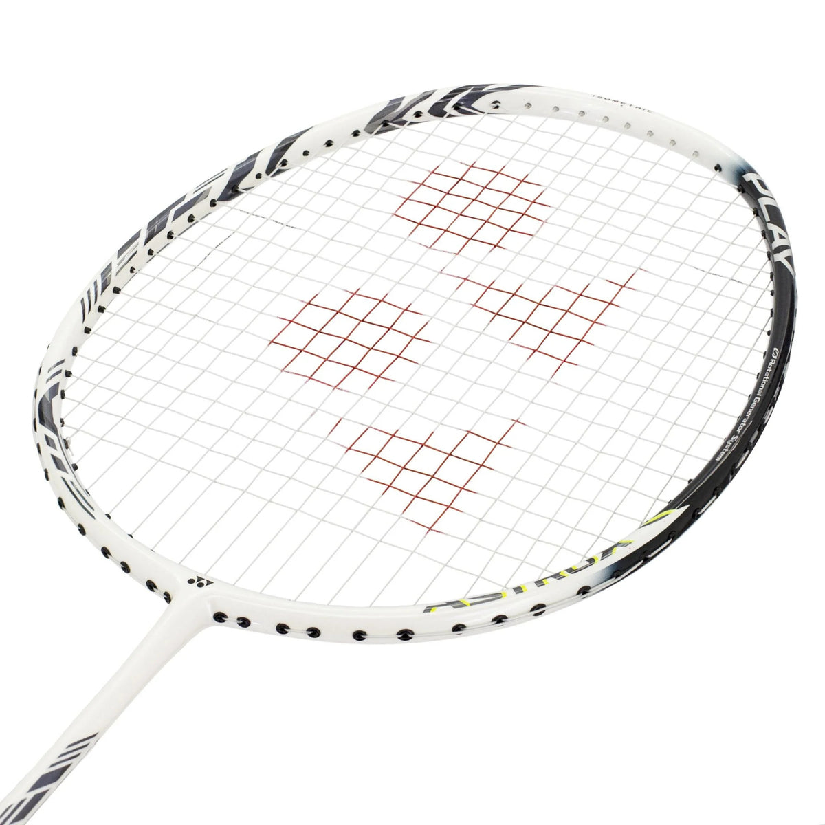 Close-up of a badminton racket with a white frame and black strings on a white background