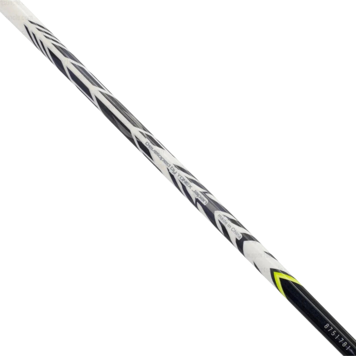 Close-up of a badminton racket handle with branding on a white background