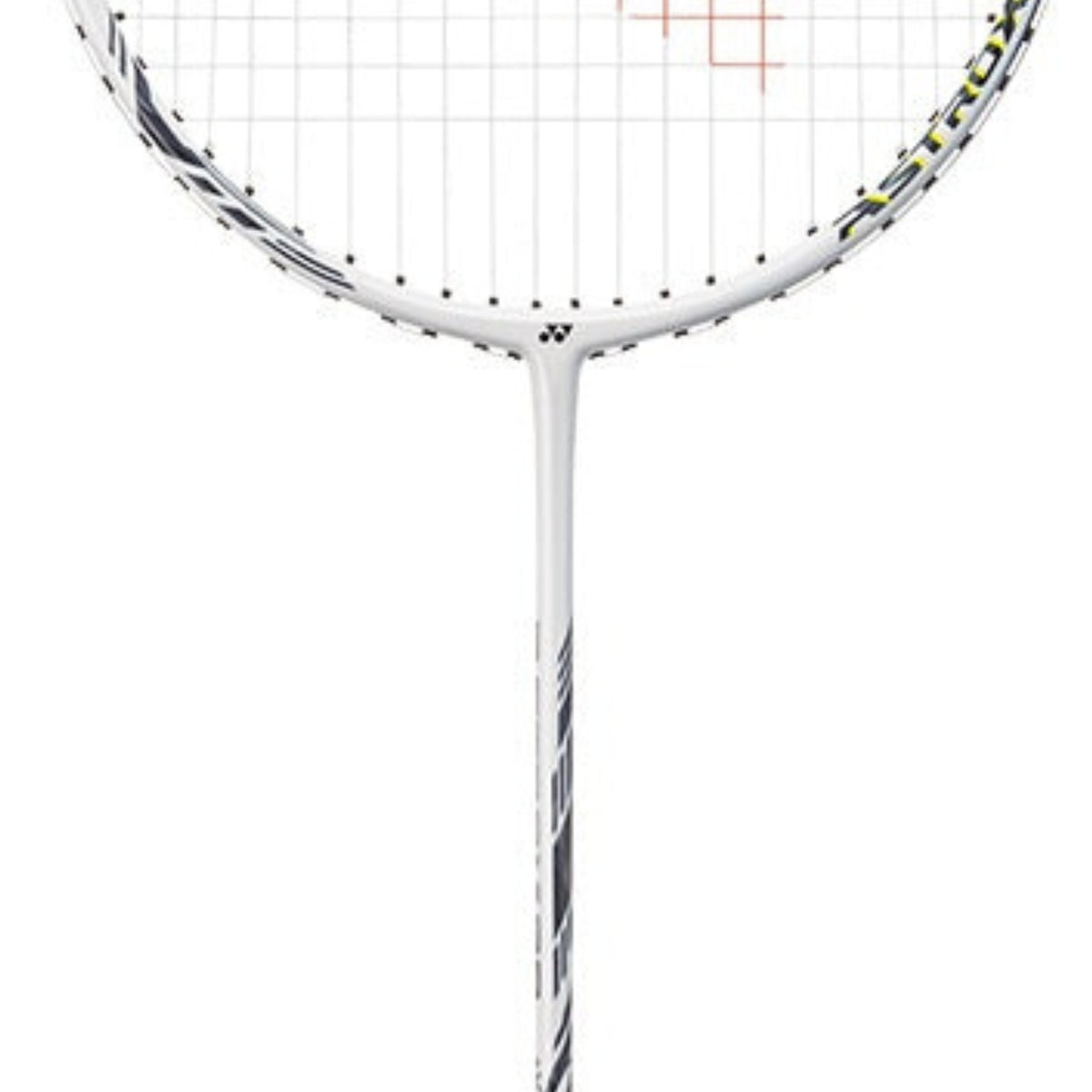 White badminton racket with black and yellow accents on a white background