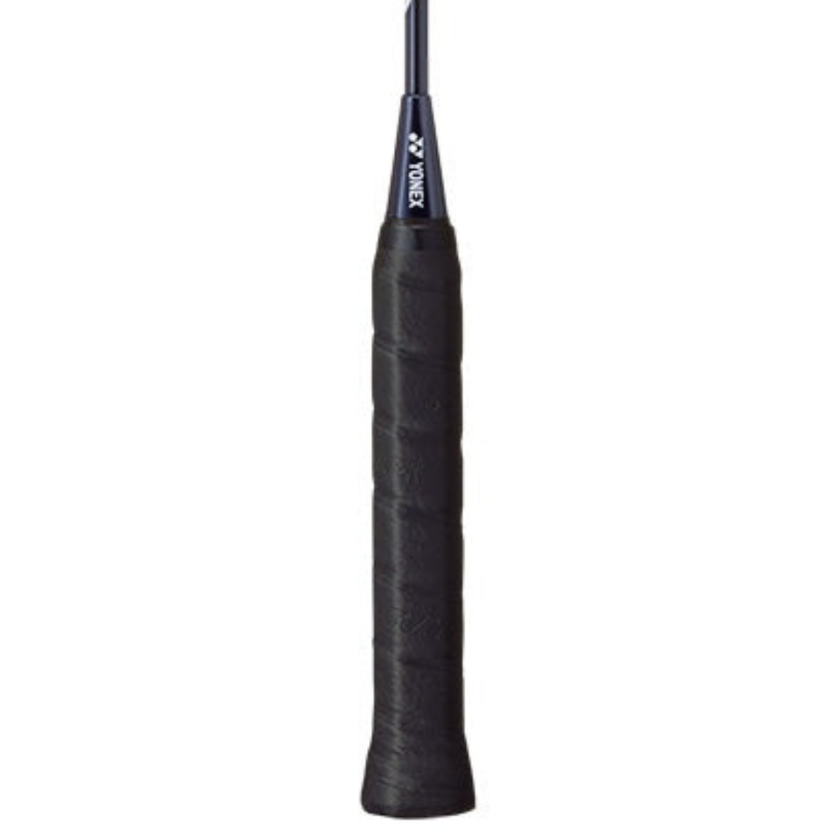 Black badminton racket handle with Yonex branding on a white background