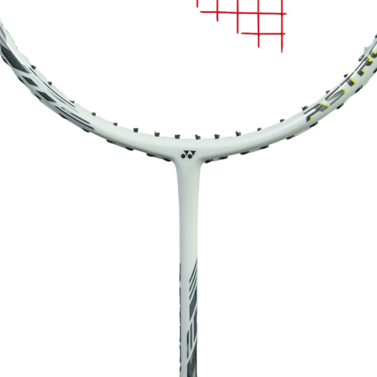 Close-up of a badminton racket with a white and black design on a white background
