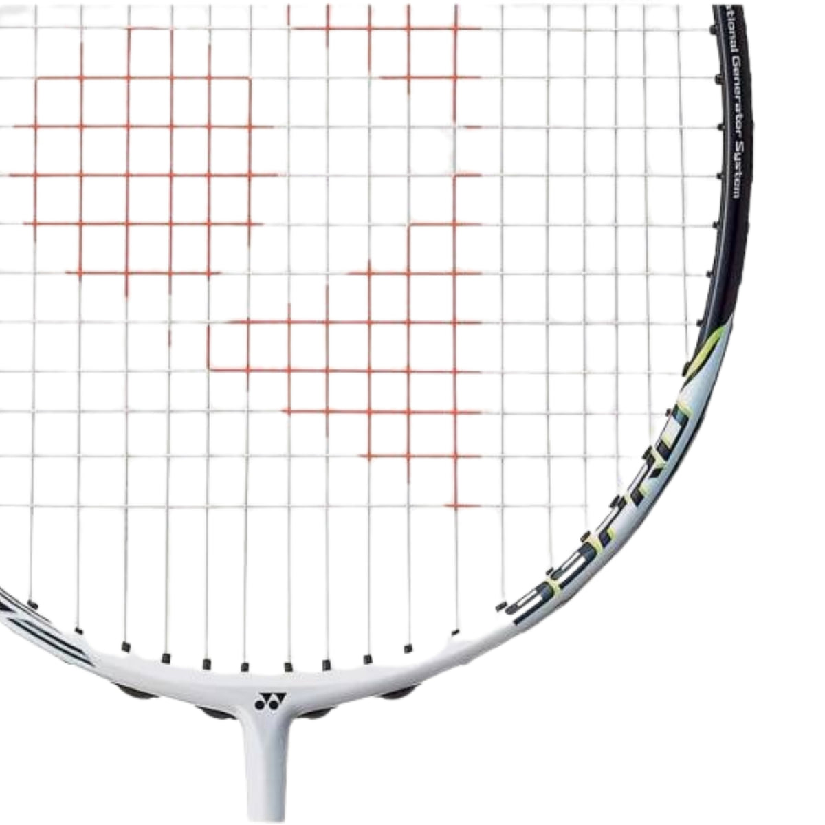 Close-up of a badminton racket with a white background