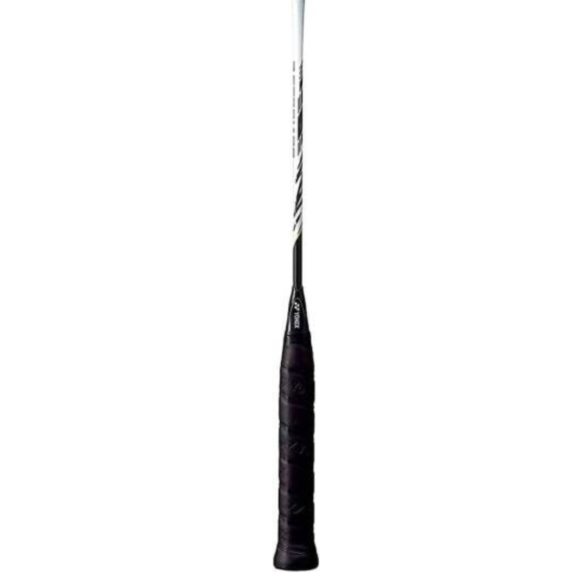Black badminton racket on a white background