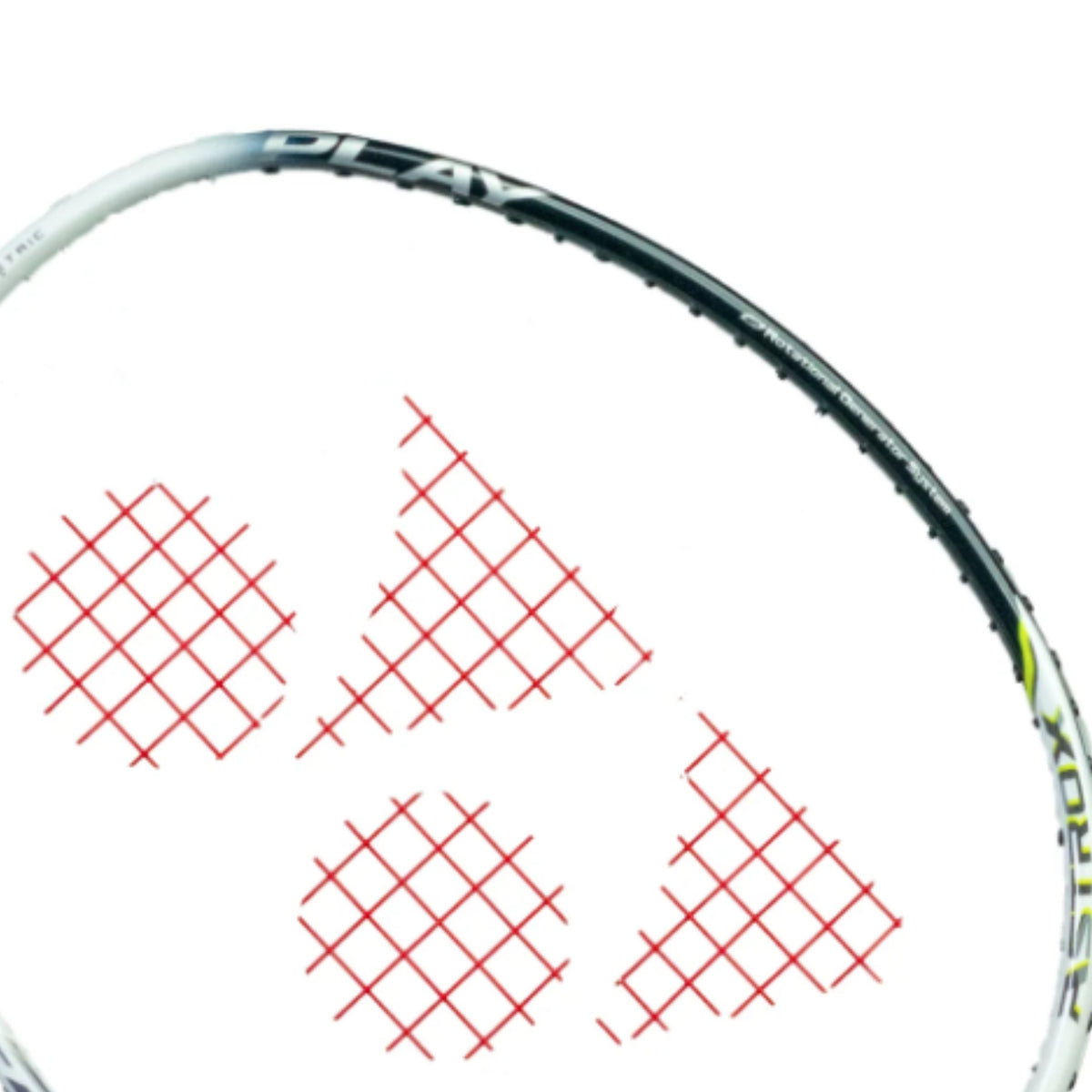 Close-up of a badminton racket with a brand logo on a white background