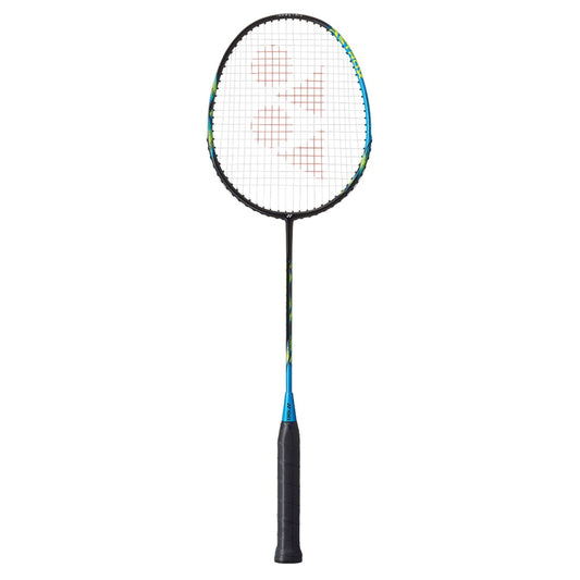Badminton racket with a blue handle on a white background