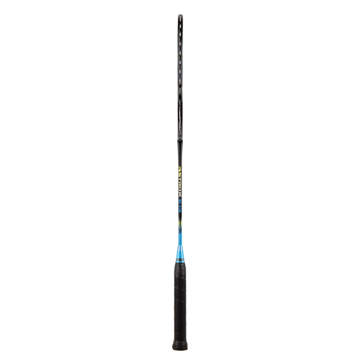 Black and blue badminton racket on a white background
