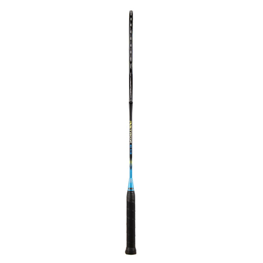 Black and blue badminton racket on a white background