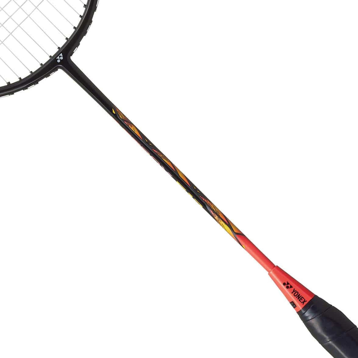 Badminton racket with red and black design on a white background