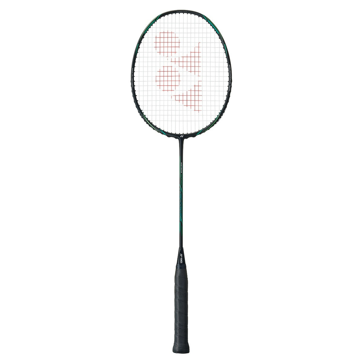 Badminton racket with a white strings pattern on a white background