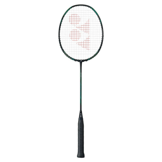 Badminton racket with a white strings pattern on a white background