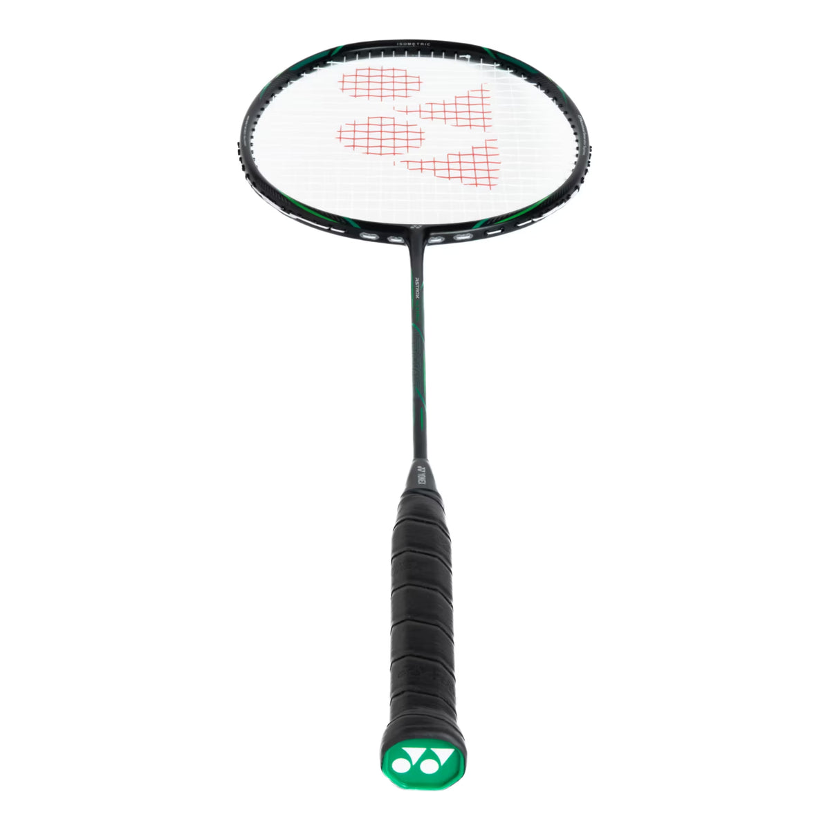 Badminton racket with a white strings bed and black frame on a white background