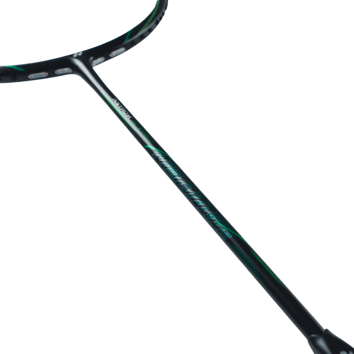 Close-up of a badminton racket with branding on a white background