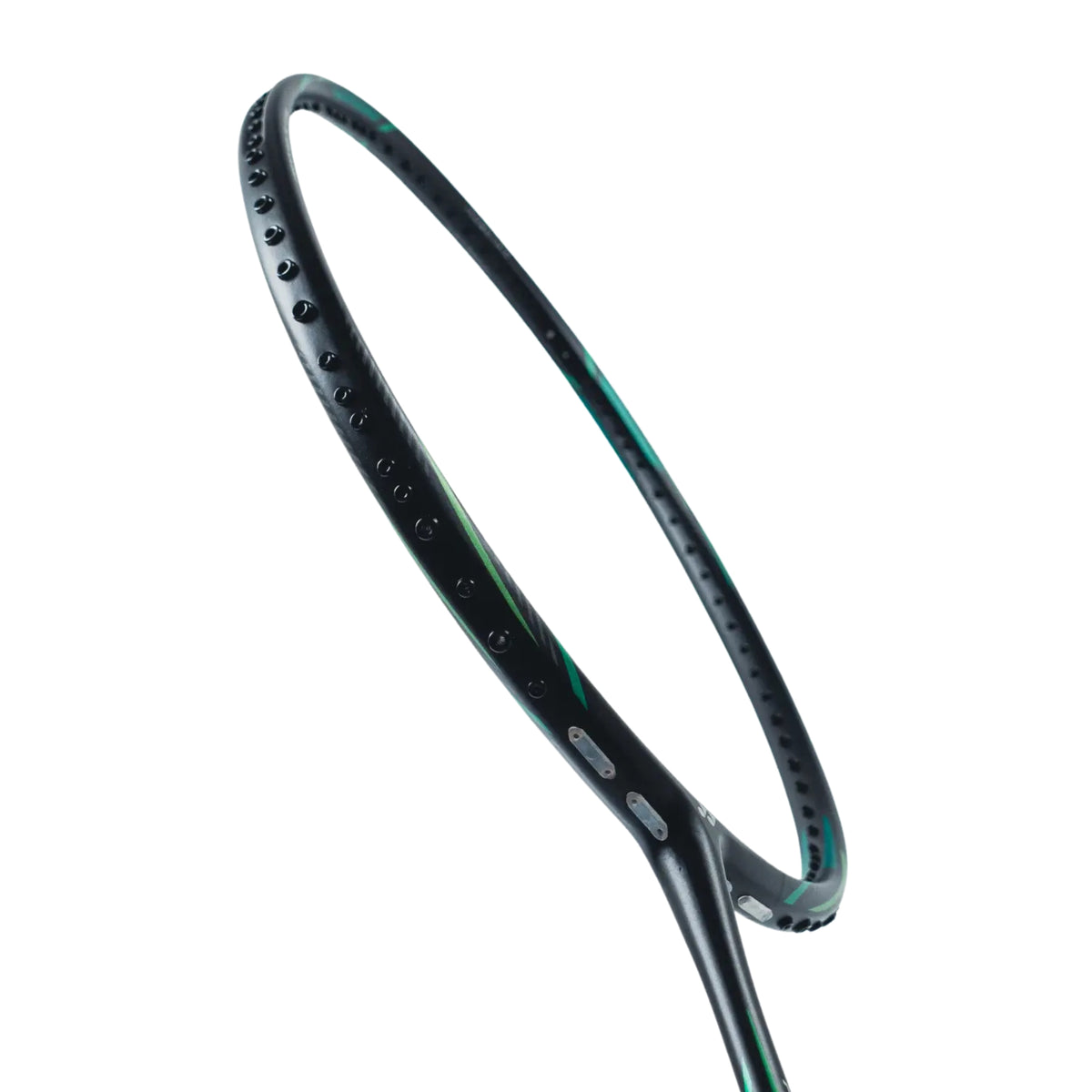 Black and green badminton racket on a white background