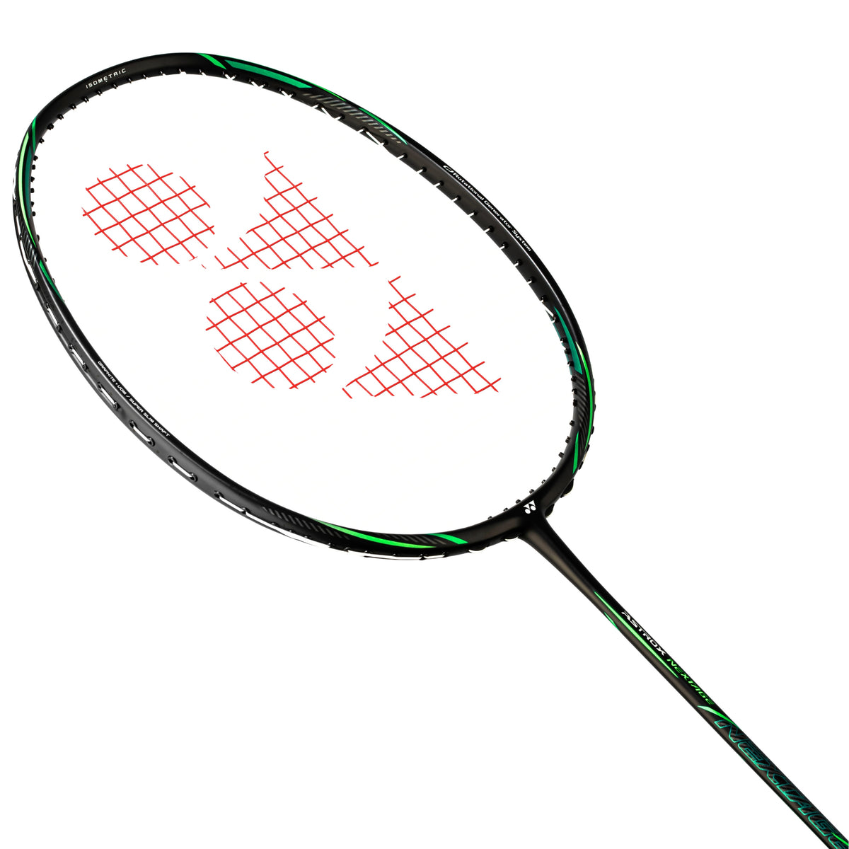 Badminton racket with a brand logo on a white background