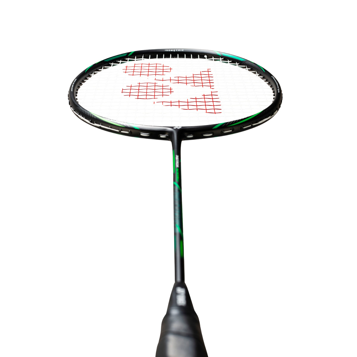 Badminton racket with a black and green frame on a white background