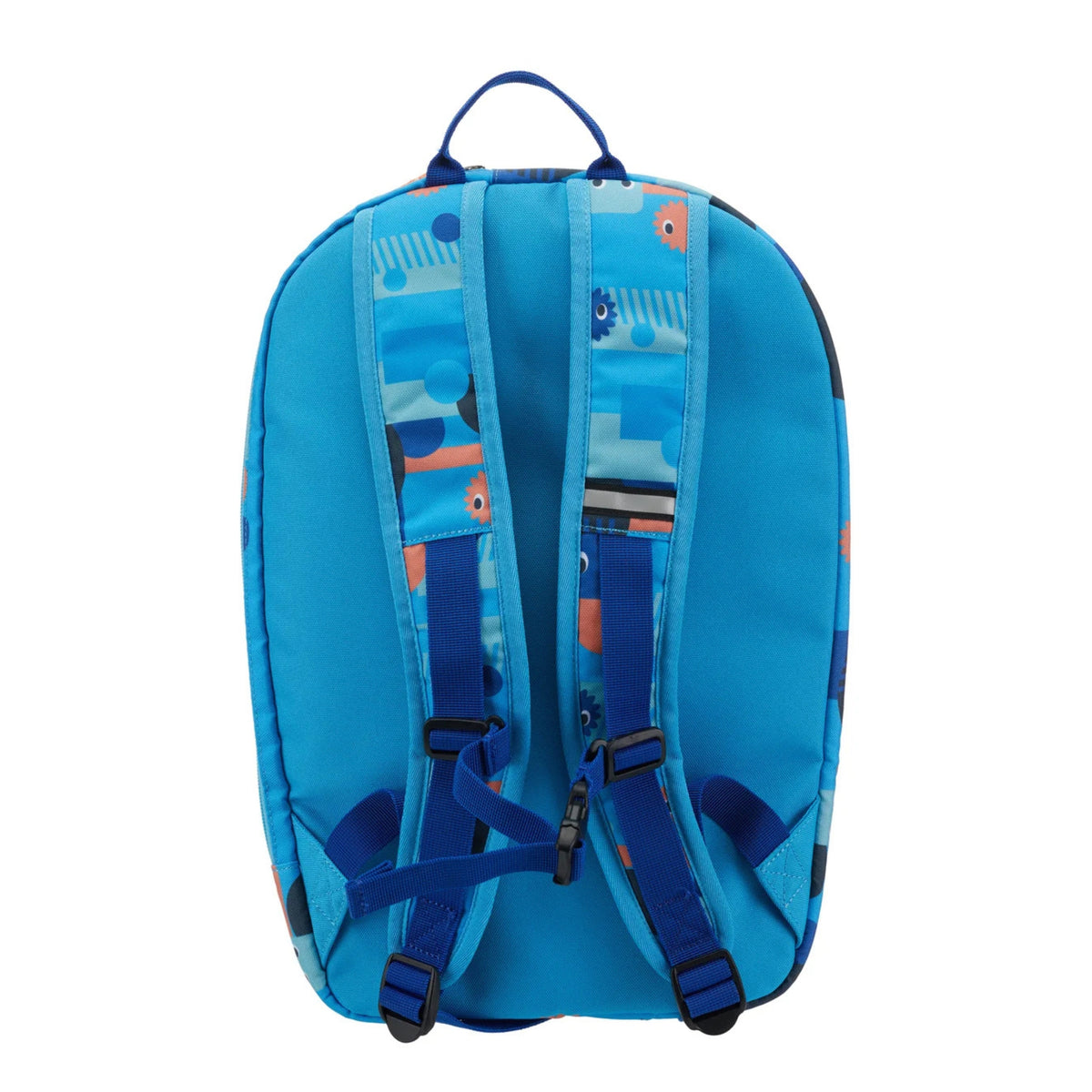 Blue children's backpack with patterned straps on a white background