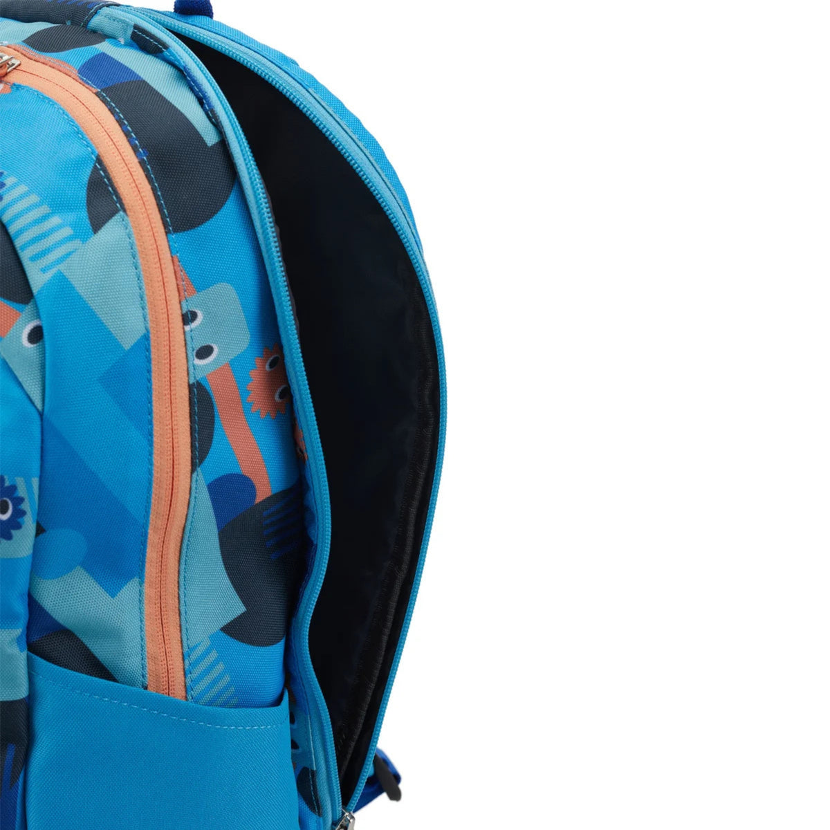 Close-up of a blue backpack with guitar design on a white background