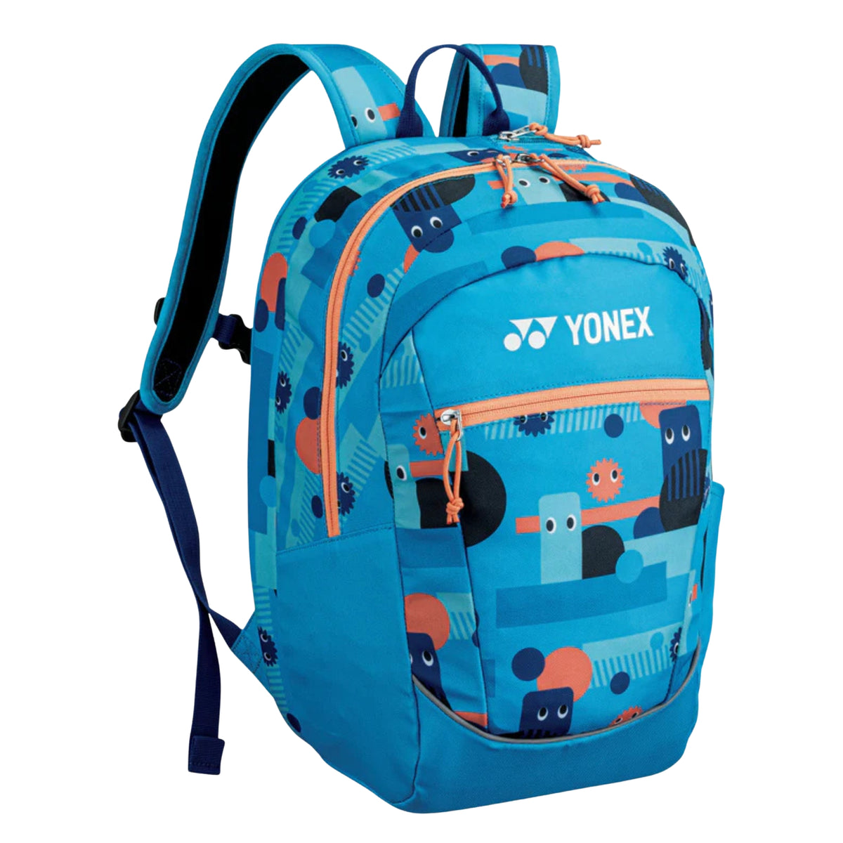 Blue backpack with cartoon designs and Yonex logo on a white background