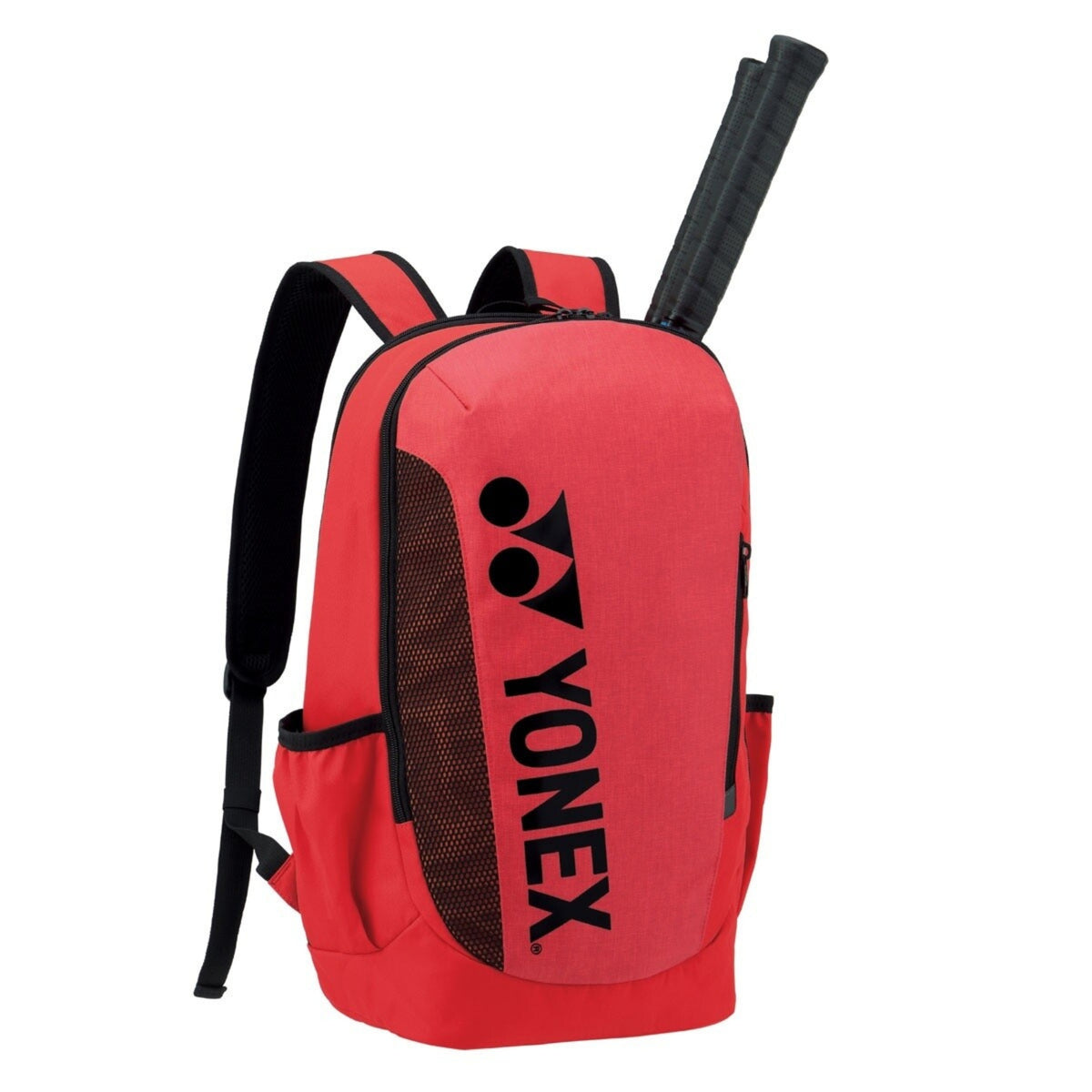 Red Yonex backpack with a tennis racket on a white background