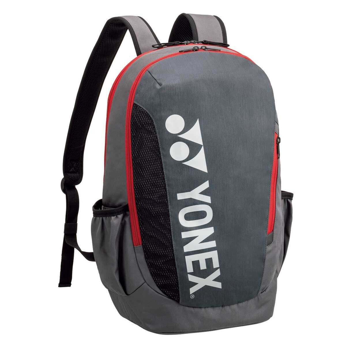 Gray backpack with red accents and Yonex logo on a white background