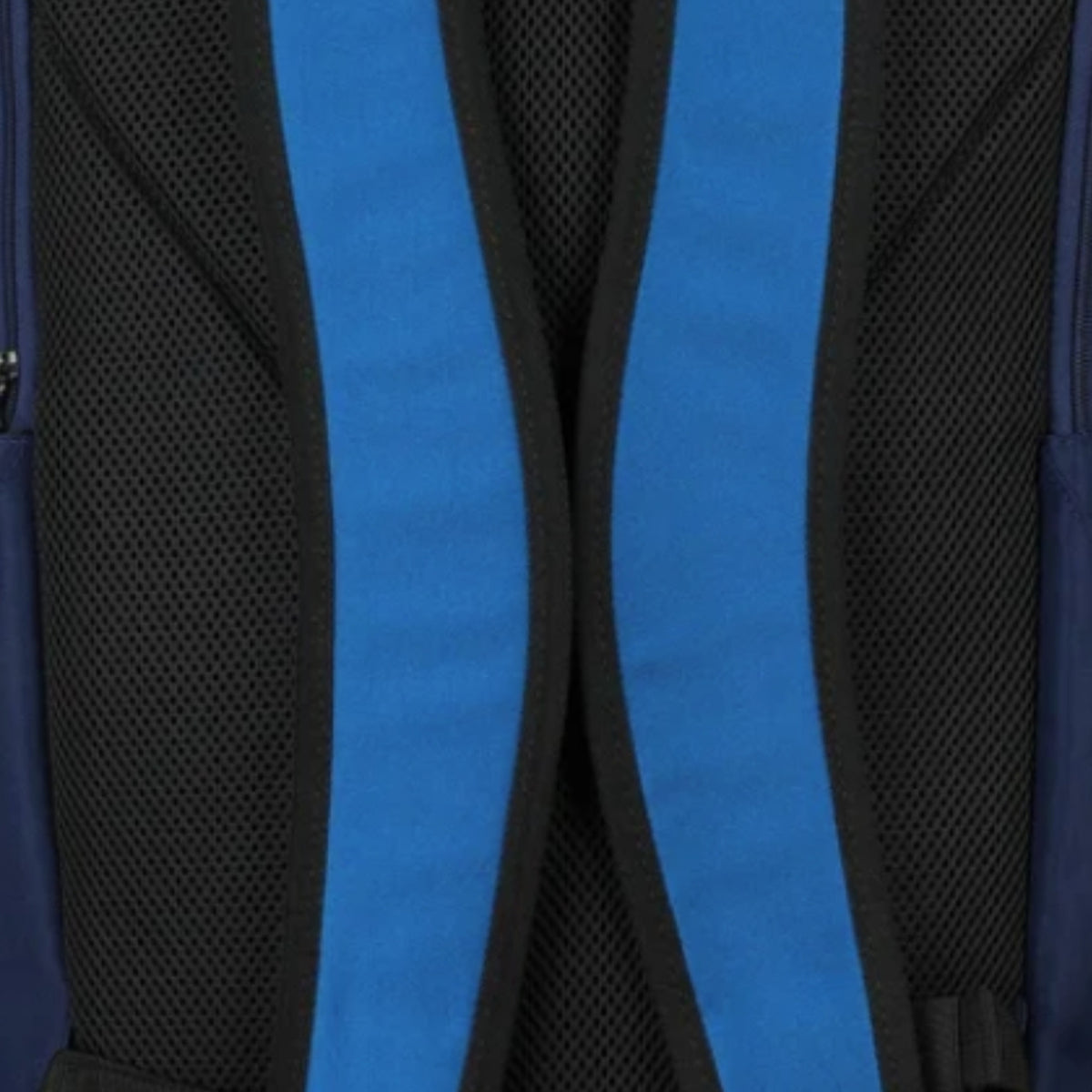 Close-up of a blue strap on a black backpack