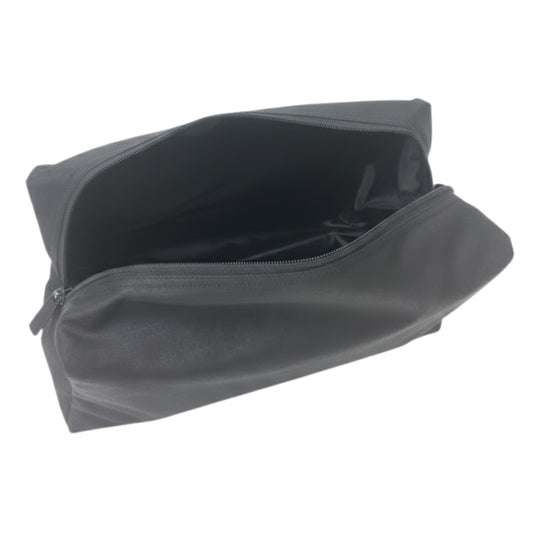 Black shoe bag with open top on a white background