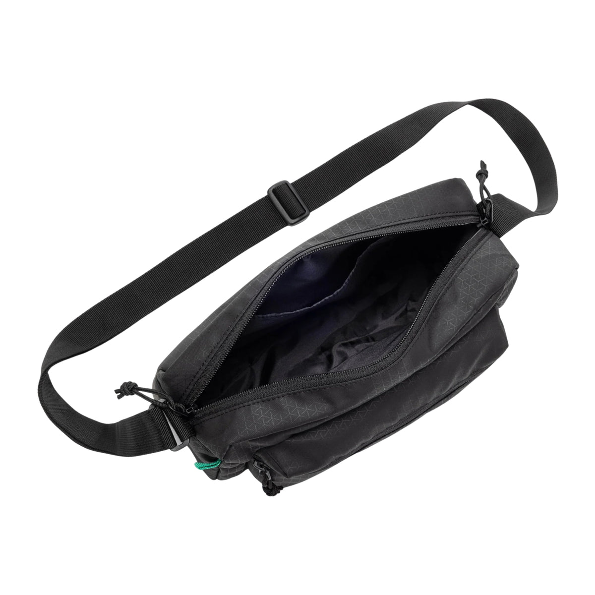 Black shoulder bag with open front pocket on a white background