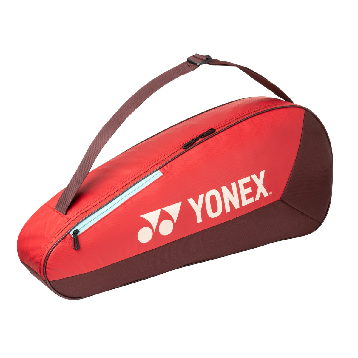 Red Yonex sports bag with brown accents on a white background