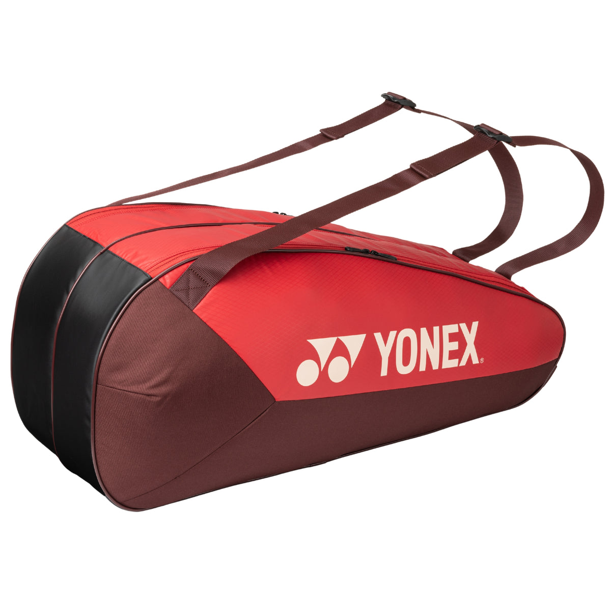 Red and brown tennis bag with Yonex logo on a white background