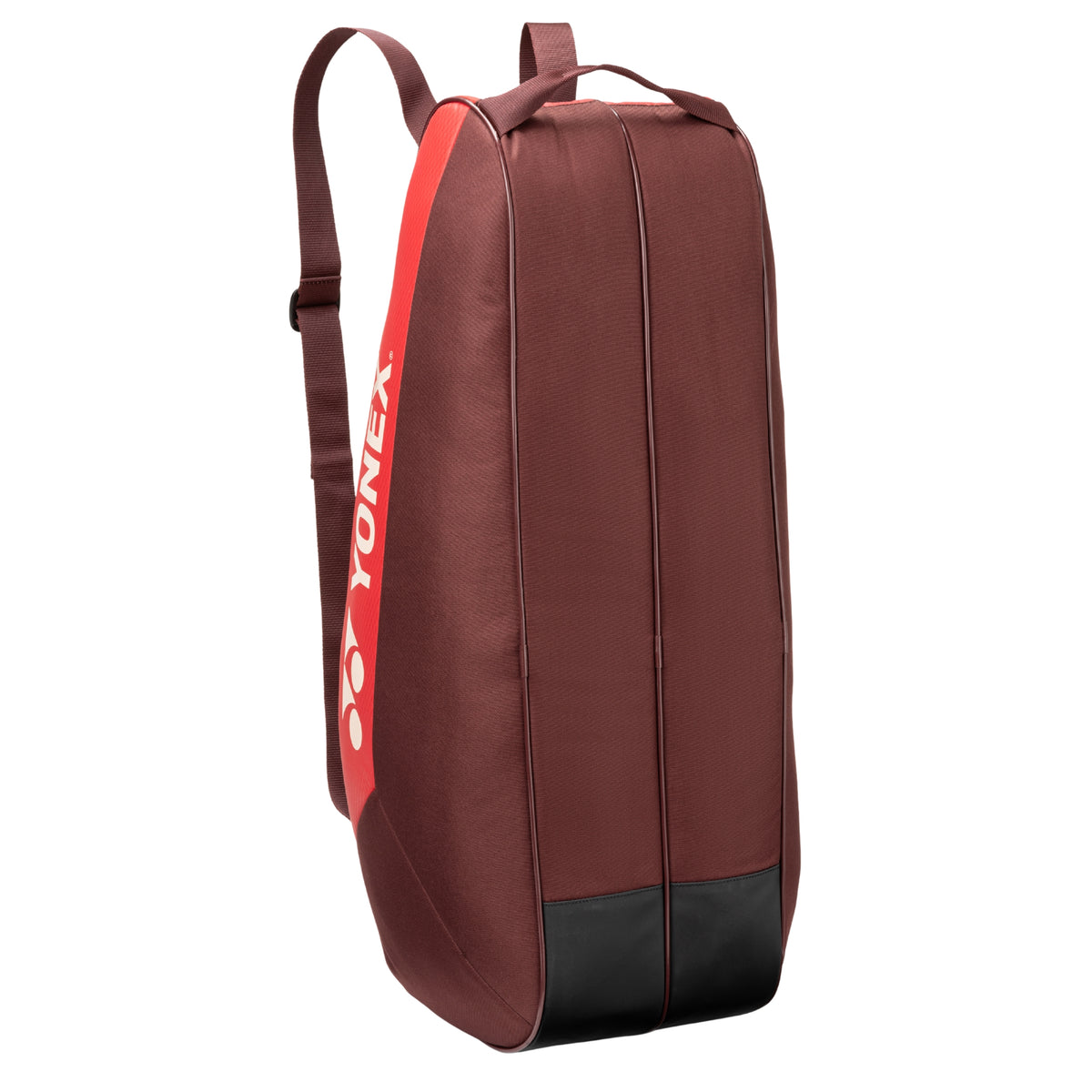 Brown tennis bag with a red Yonex logo on a white background