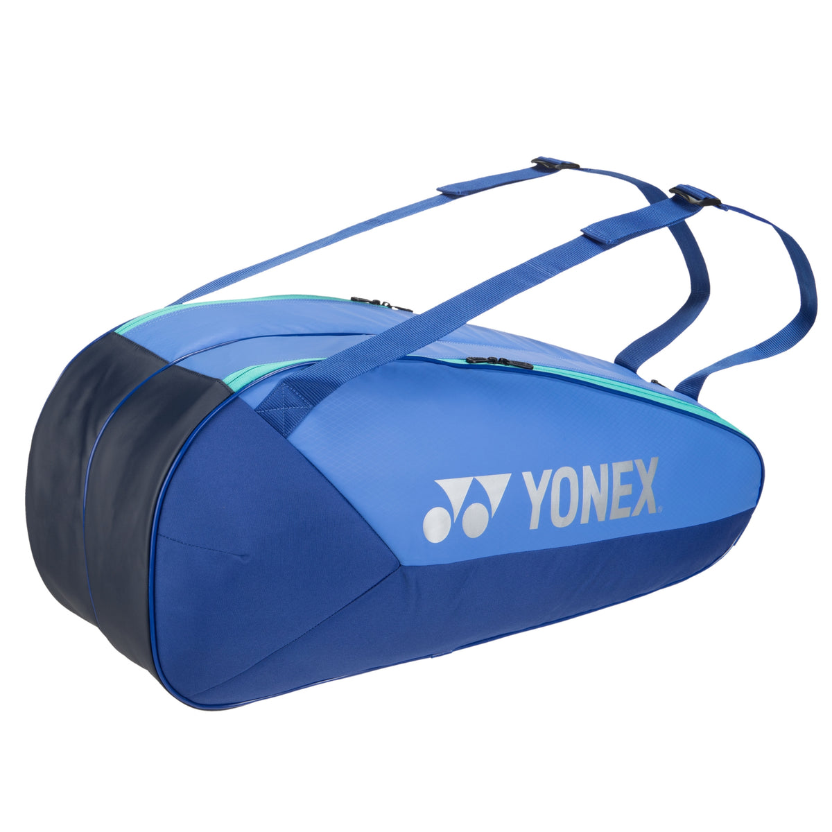 Blue Yonex tennis bag on a white background