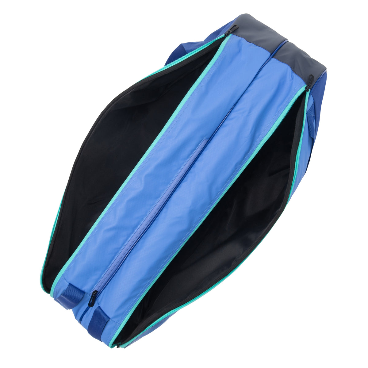 Blue and black tennis bag with a zipper on a white background