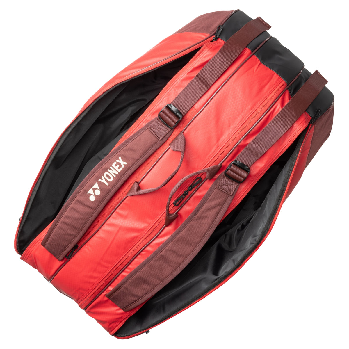 Red and brown tennis bag with Yonex logo on a white background