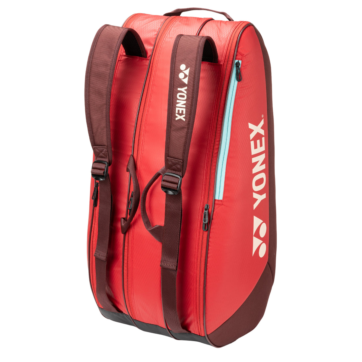 Red tennis bag with Yonex logo on a white background