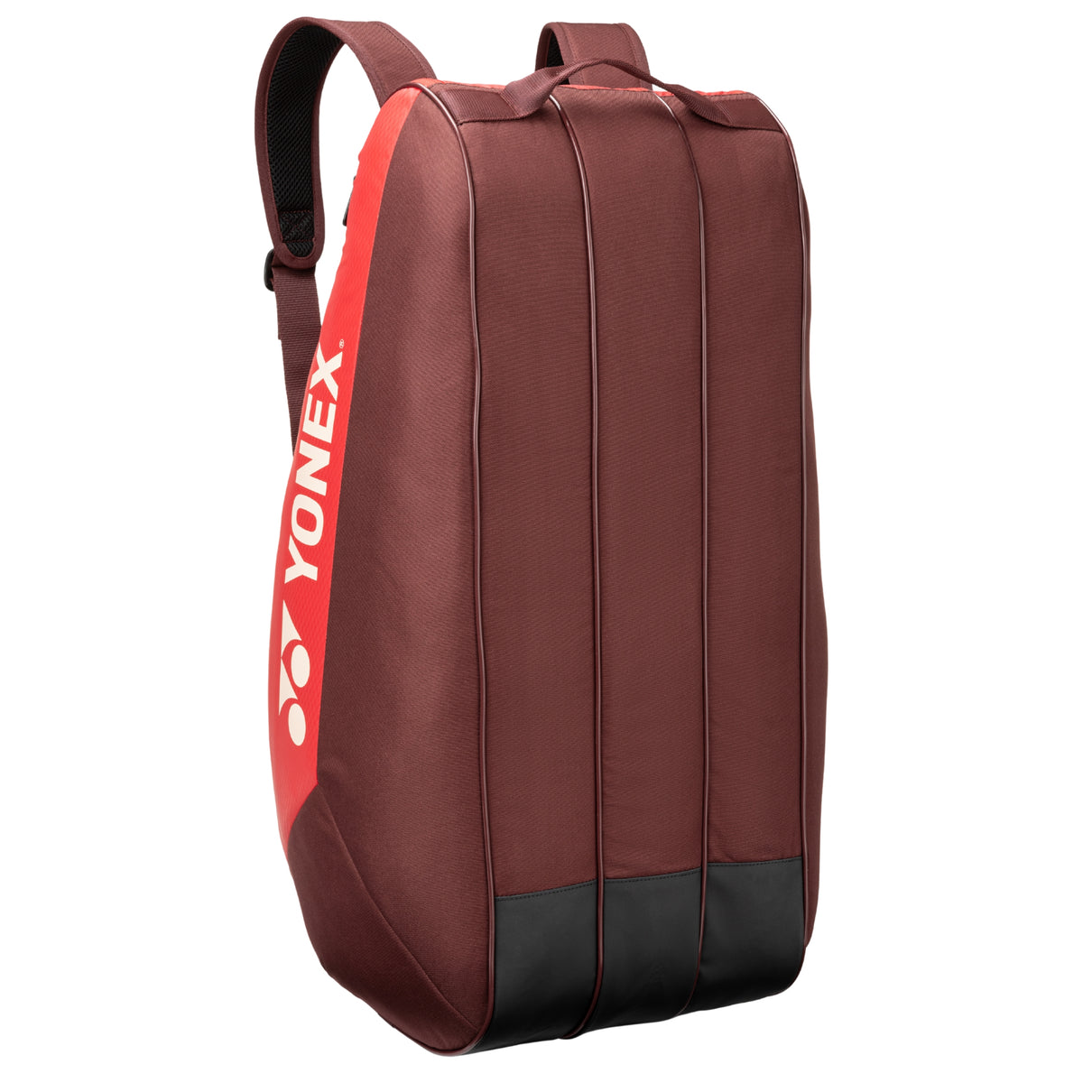 Brown tennis bag with red Yonex logo on a white background