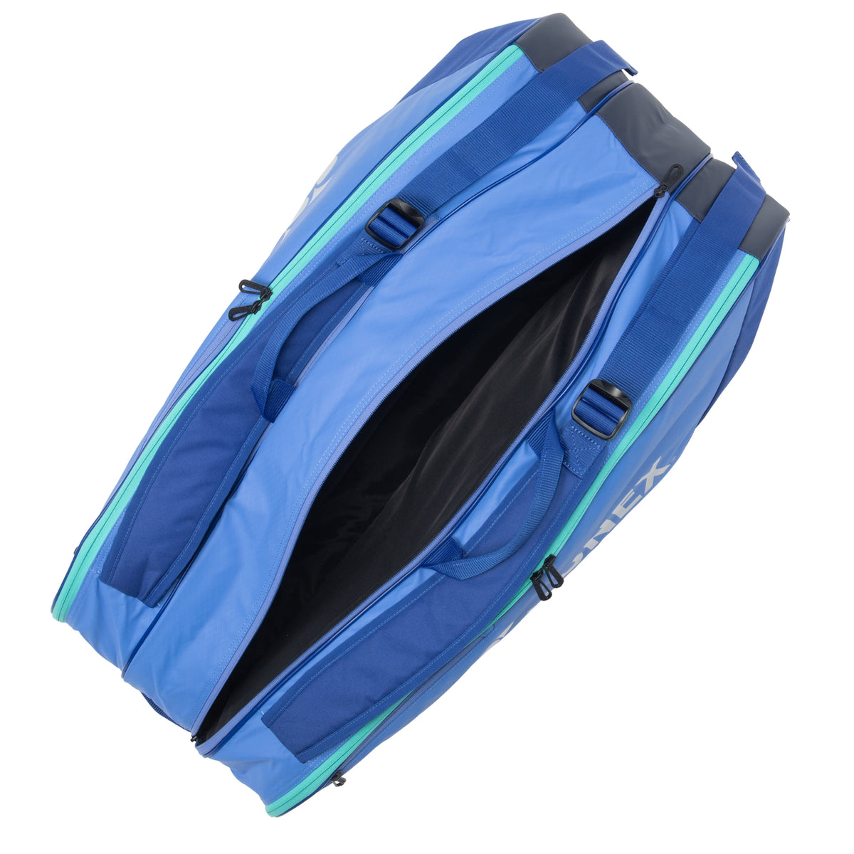 Blue tennis bag with green accents on a white background