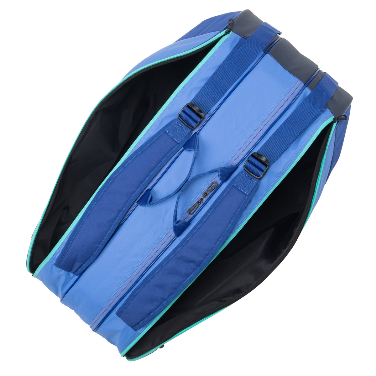 Blue and black inside a tennis bag on a white background
