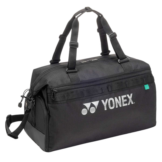Black duffel bag with Yonex logo on a white background