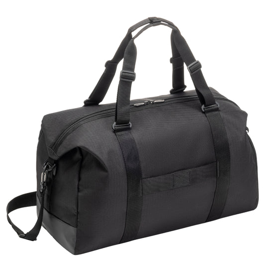 Black duffel bag with straps on a white background
