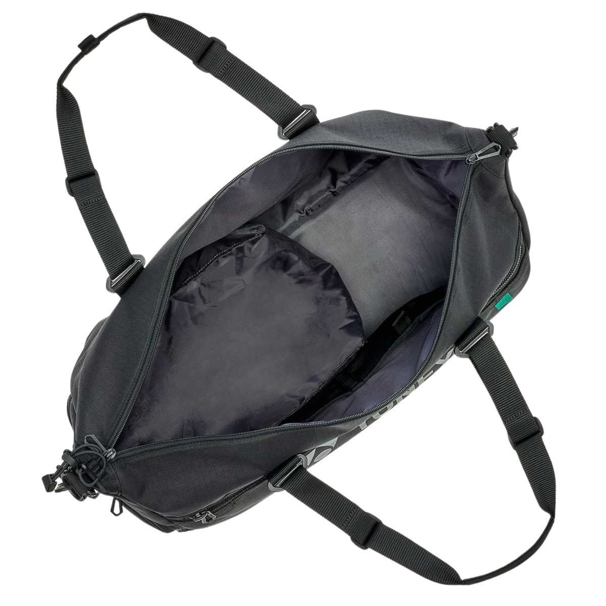 Black duffle bag with open front compartment on a white background