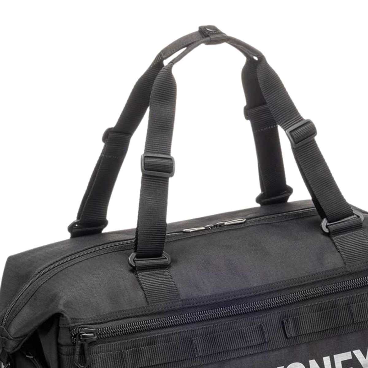 Black duffel bag with straps on a white background